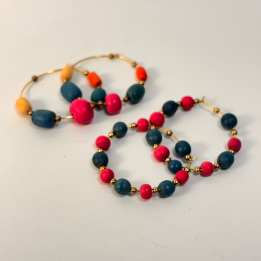 Vintage Wood Bead Hoop Earrings Multicolor Statement Boho Chic 2 Pair Set
